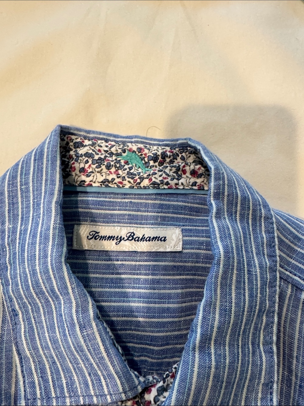 Tommy Bahama Blue and White Striped Linen Button-Up